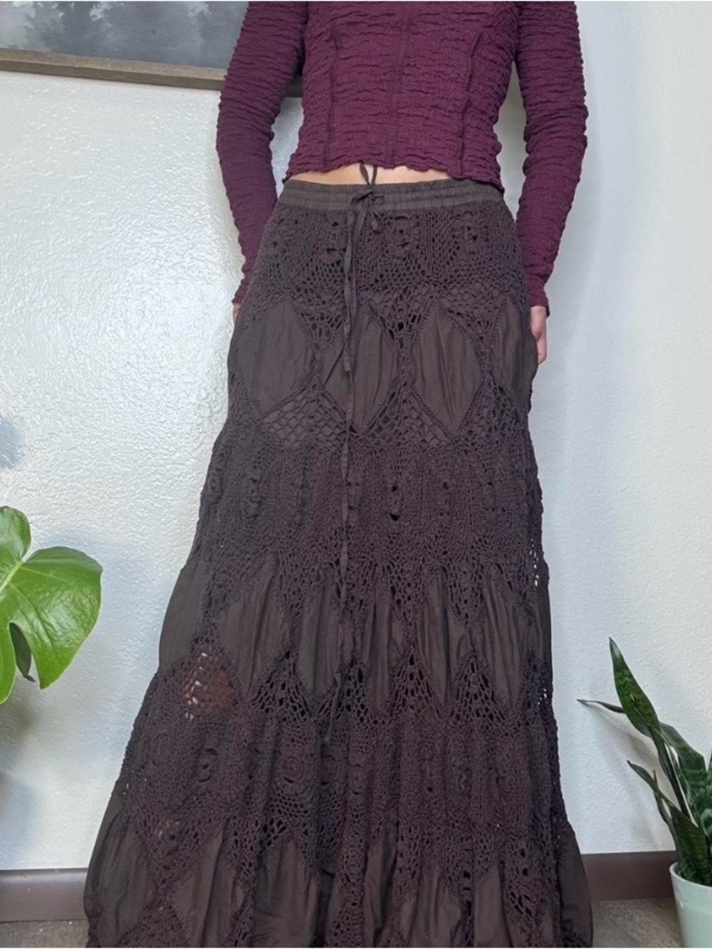 Mossimo Supply Co. Dark Brown Crochet Panel Maxi Skirt